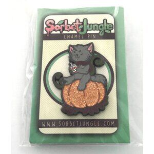 Sorbet Jungle Cat On Pumpkin Halloween Enamel Lapel Pin Glitter